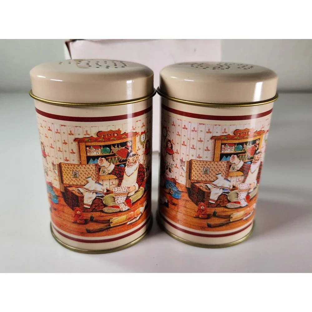 Vtg Concepts Intl. Tin Salt and Pepper Shakers Santa’s Workshop Christmas Set 4
